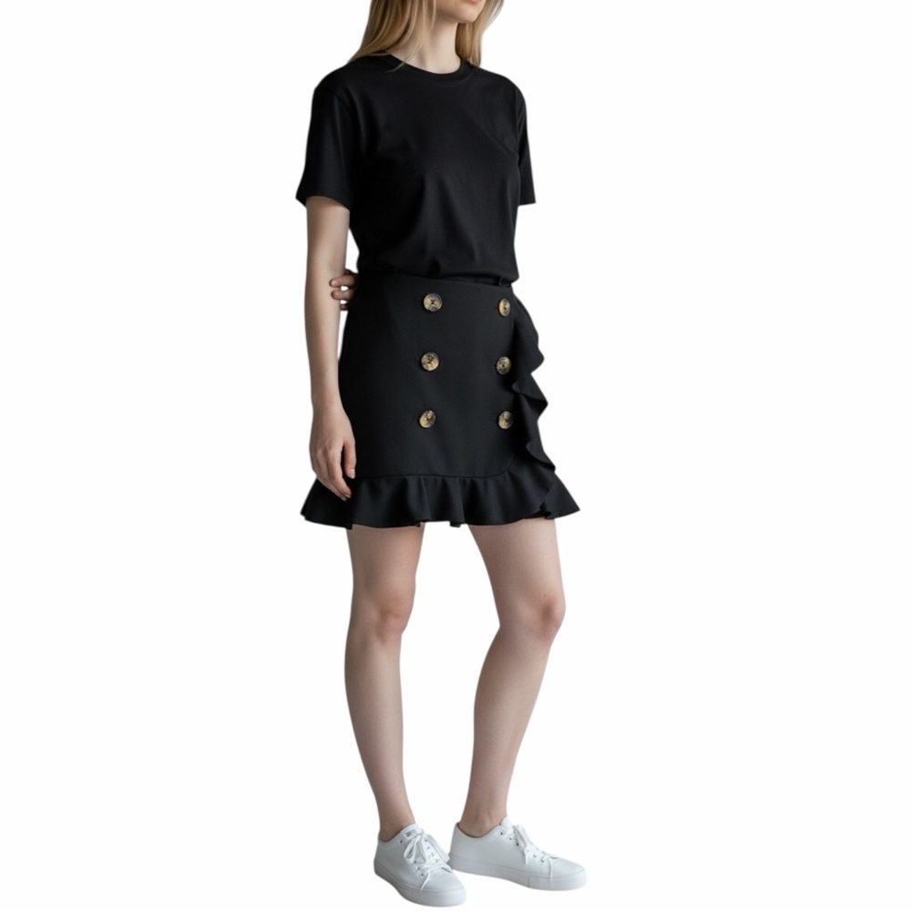 Acler Black Double Button Ruffle Mini Skirt Size US 6 Wool Polyester Blend